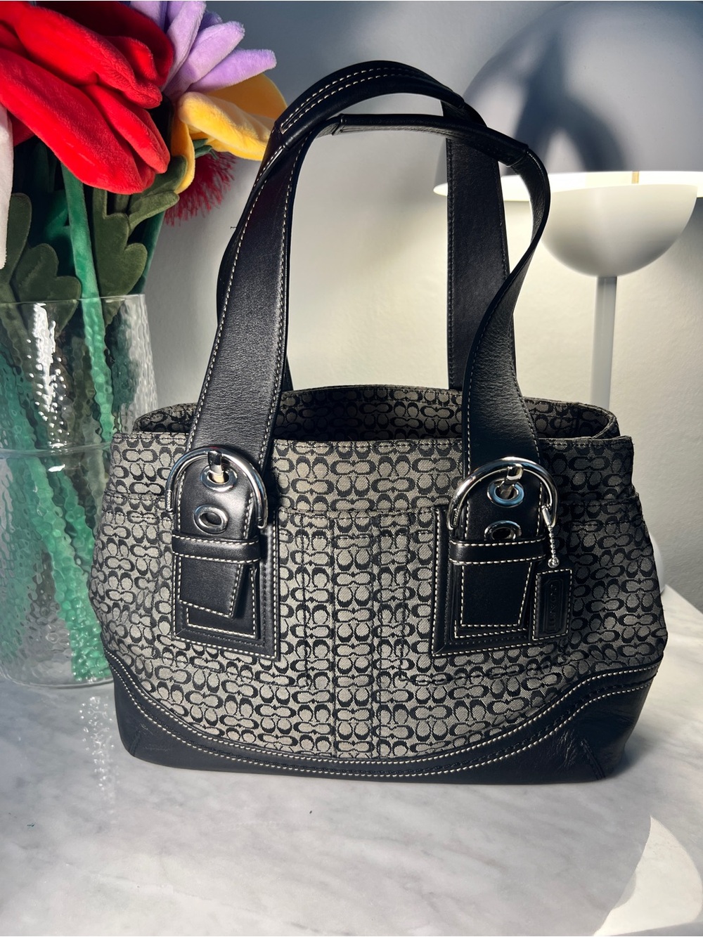 VINTAGE Y2K COACH Soho Signature Buckle Small Tote Bag Black Grey F10927
